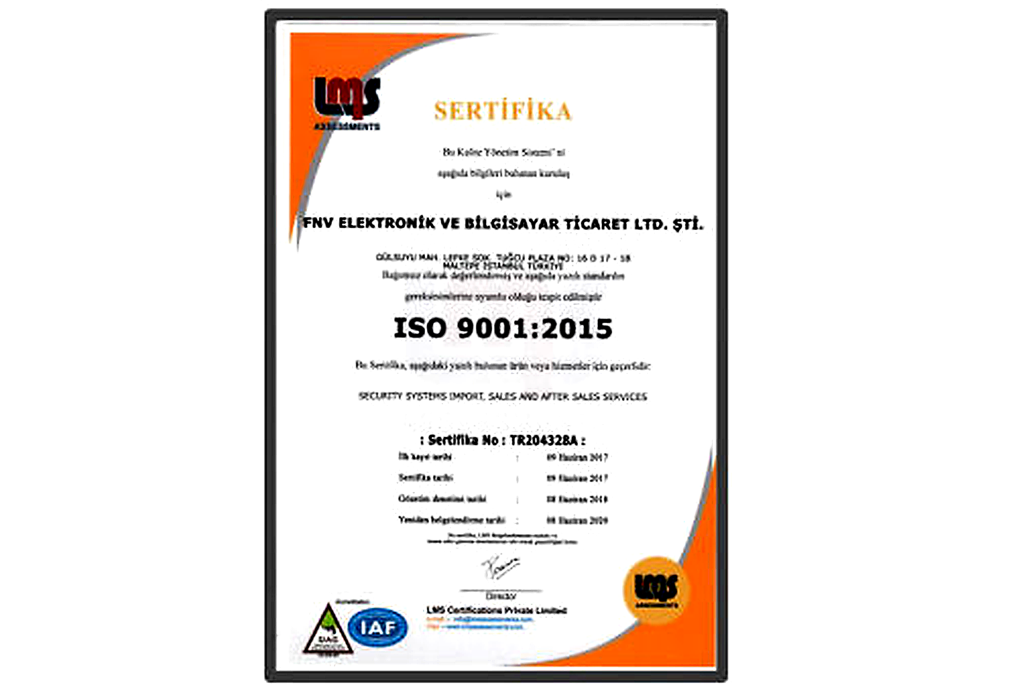 ISO 9001:2015 FNV Elektronik sertifikası