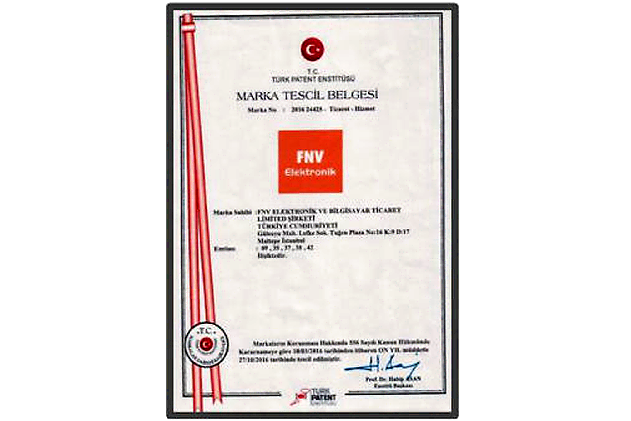 FNV Elektronik marka tescil belgesi