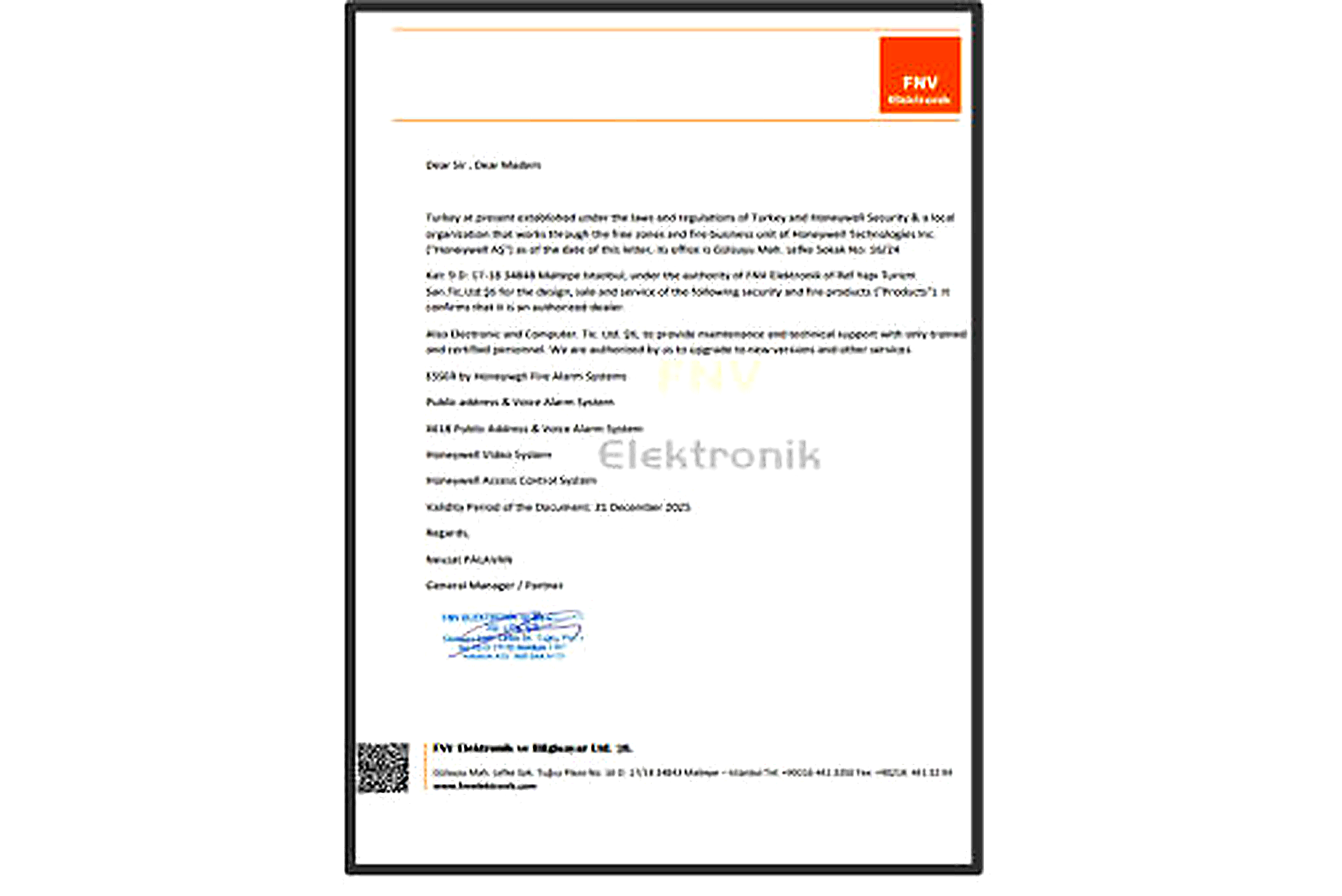 FNV Elektronik FNV Elektronik authorization letter