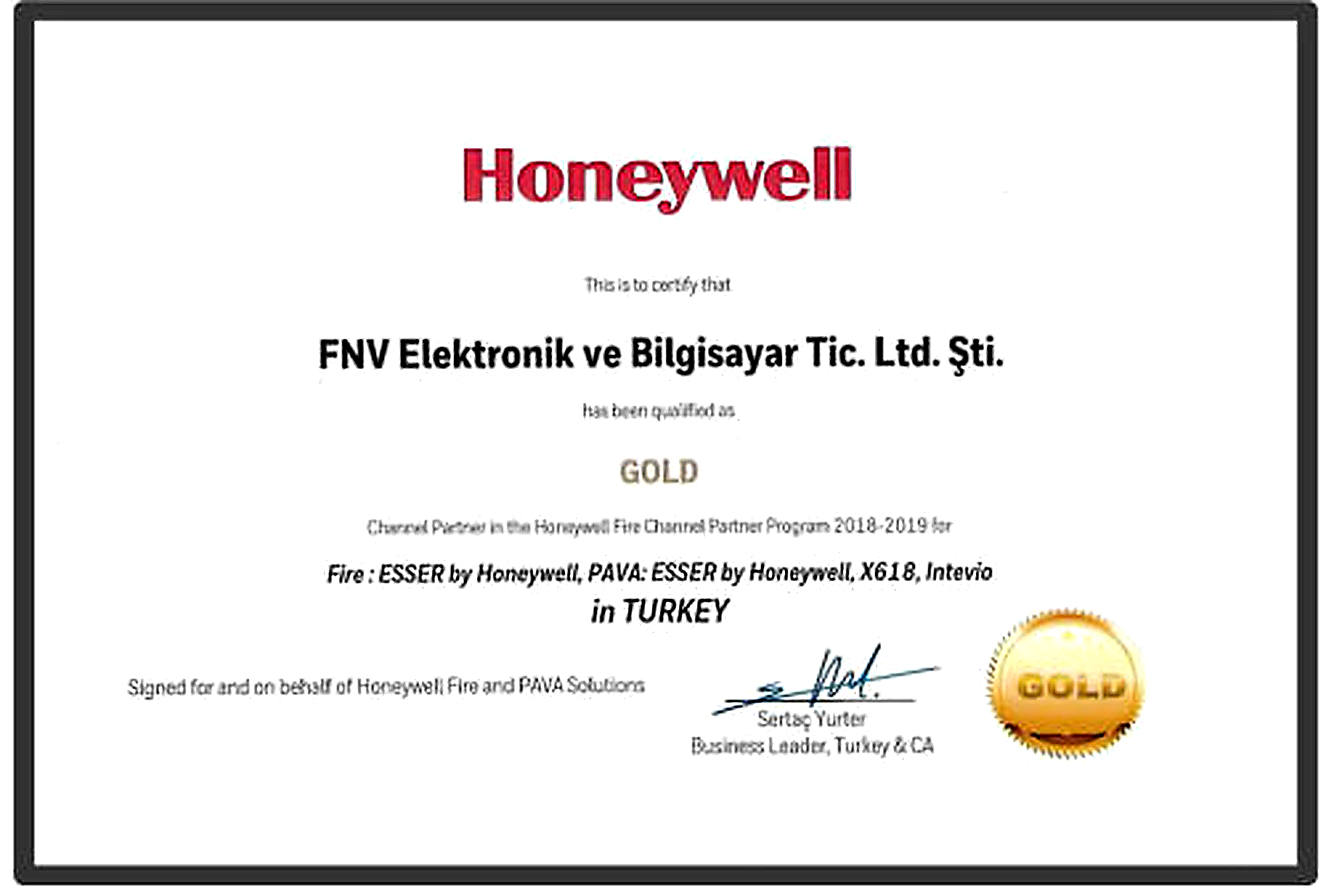 Honeywell Platinum Channel Partner sertifikası