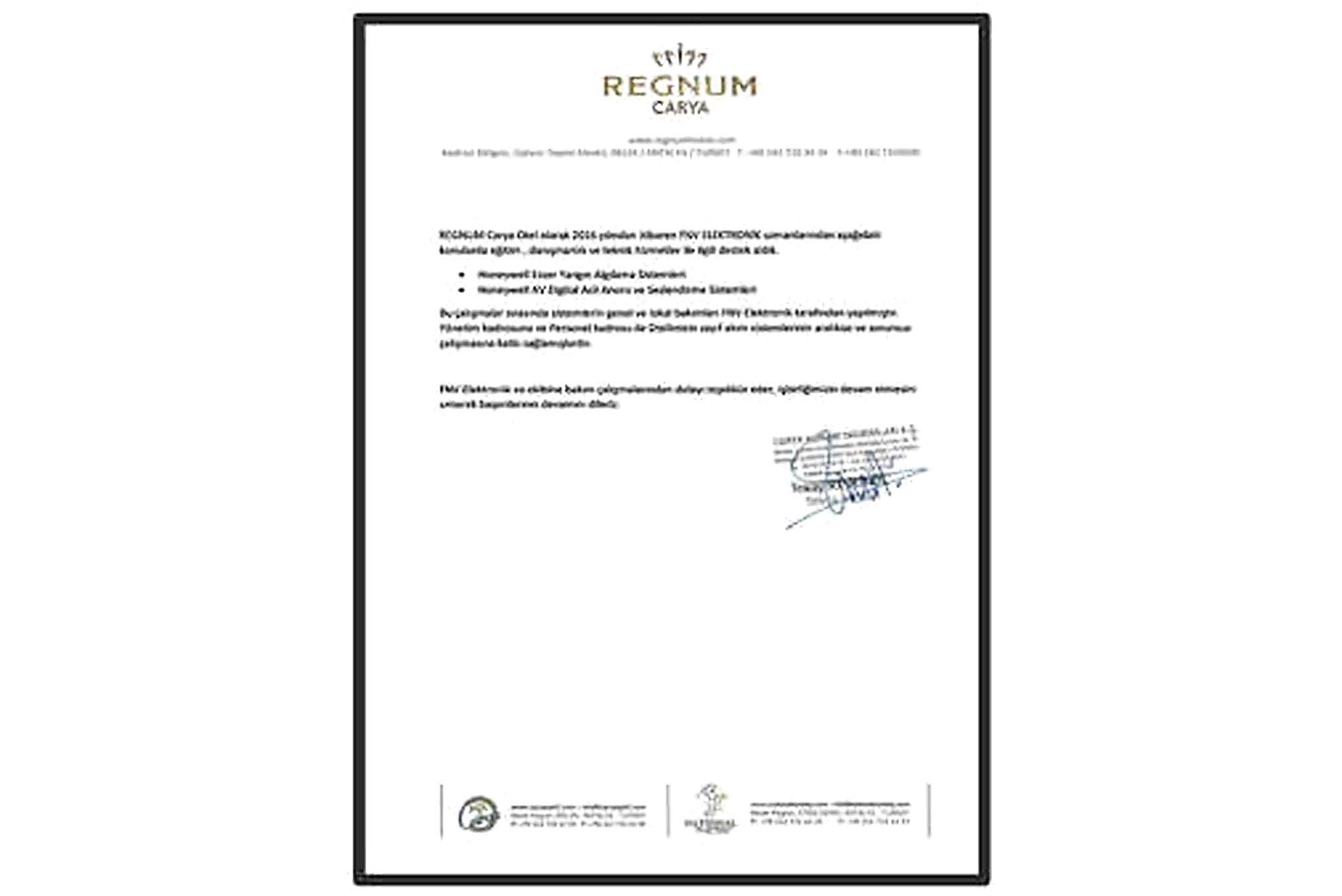 Regnum Carya referans mektubu