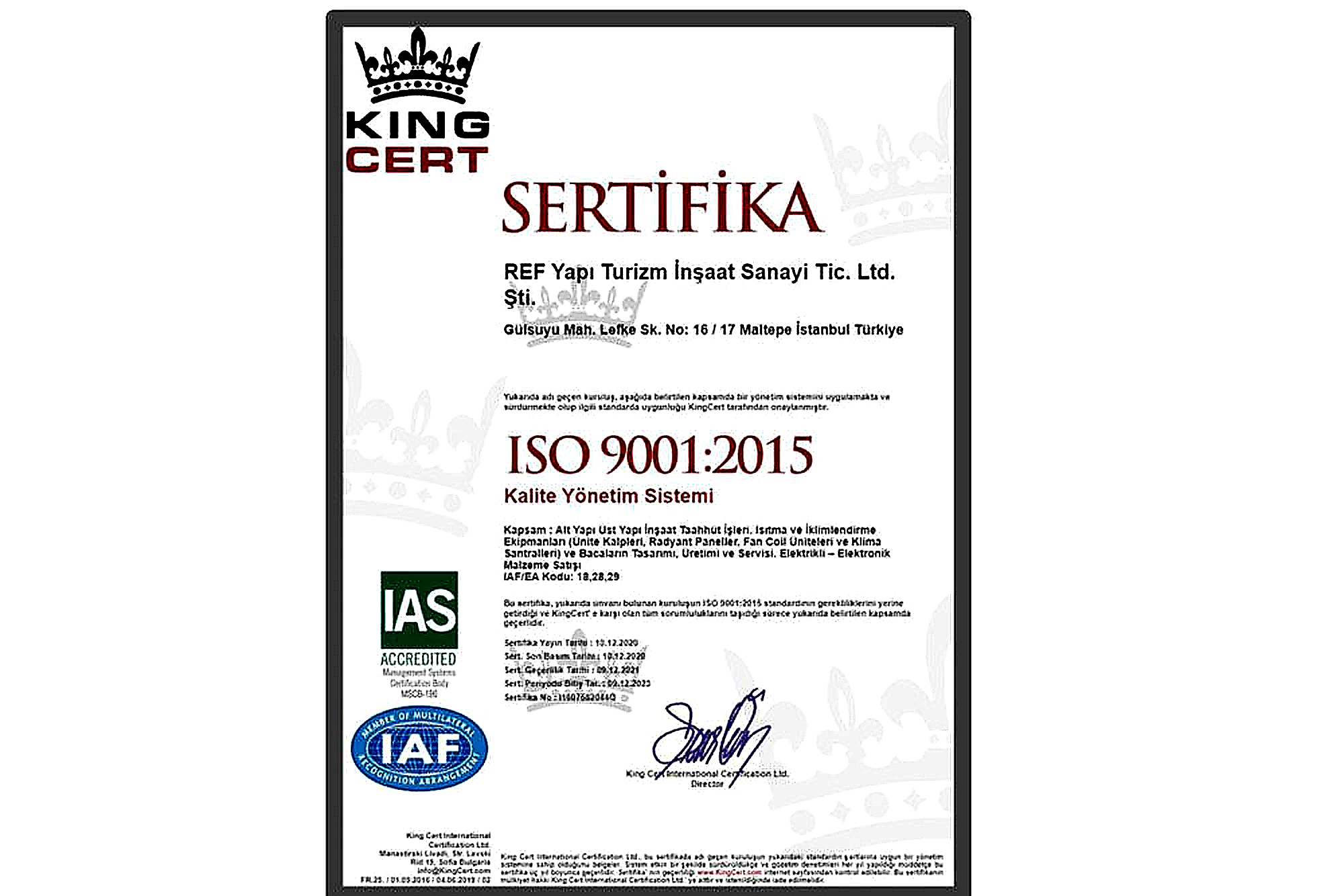 ISO 9001 FNV Elektronik sertifikası Türkçe