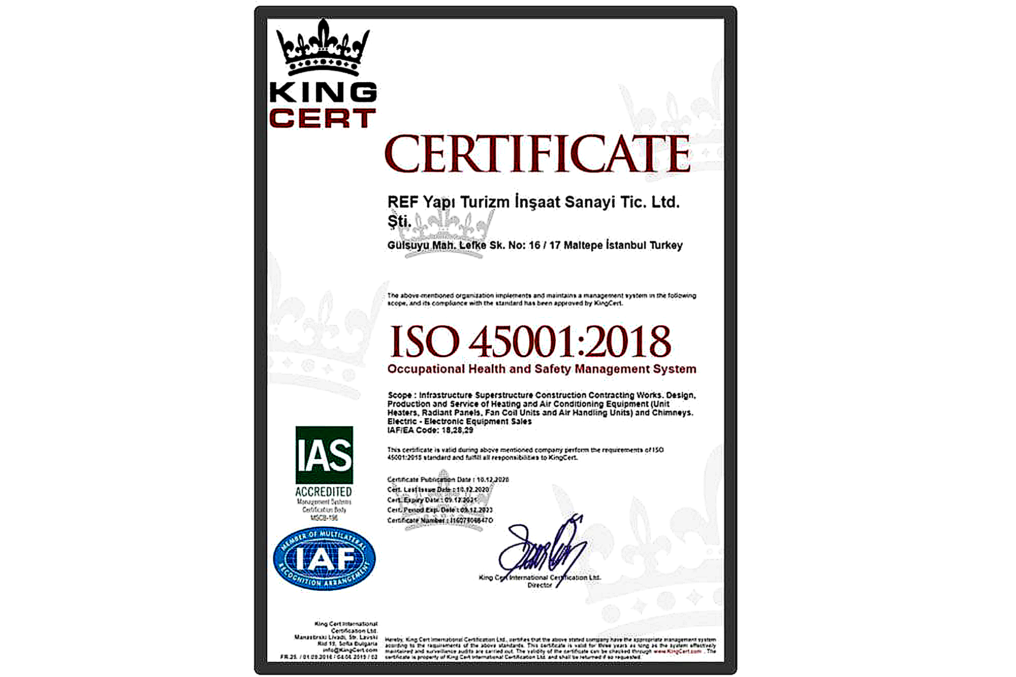 ISO 45001 FNV Elektronik sertifikası Türkçe