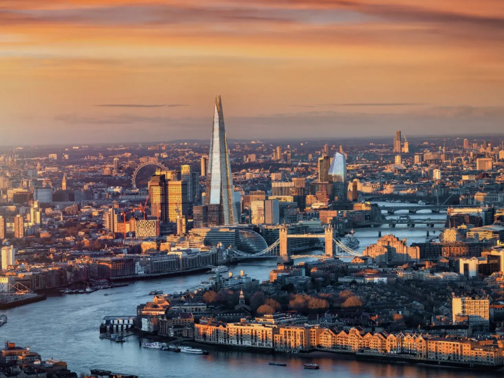London skyline at sunset with The Shard and Tower Bridge